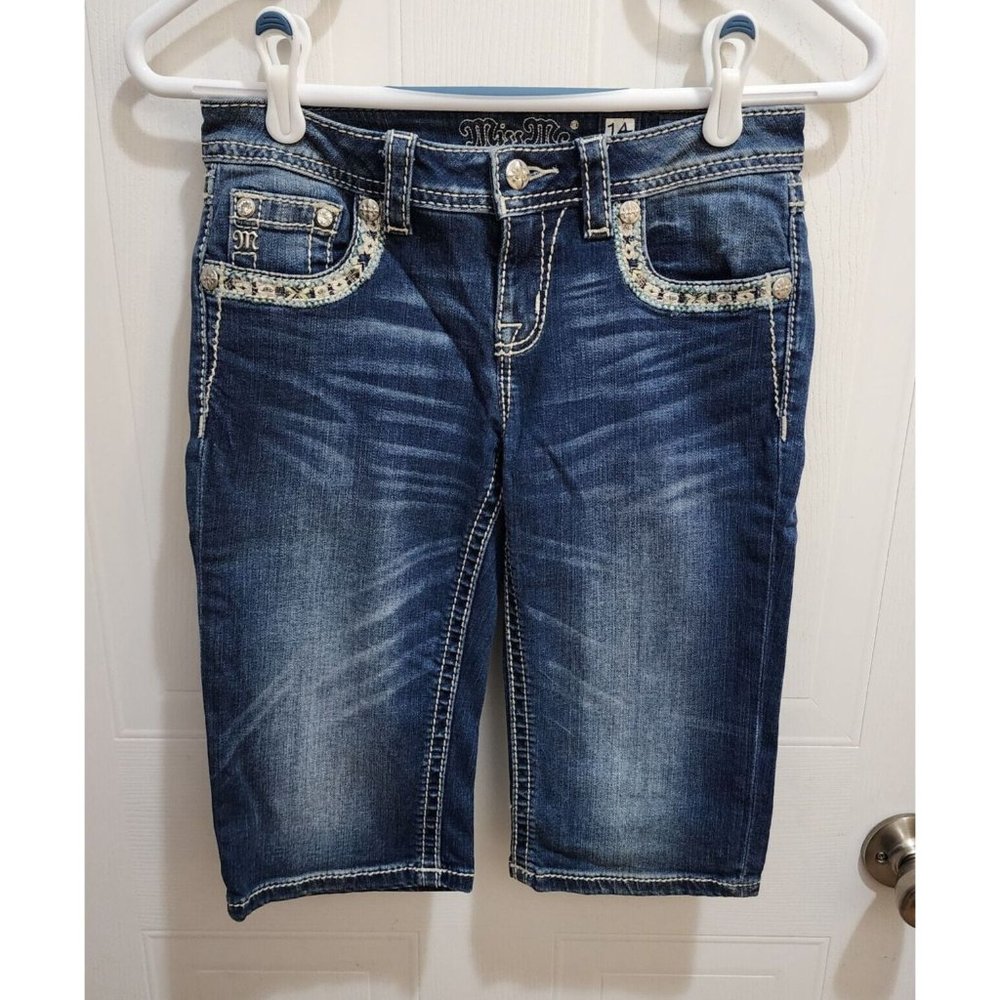 Miss Me Girls Bermuda Shorts Embroidered Pockets Stretch Denim Distressed Sz 14